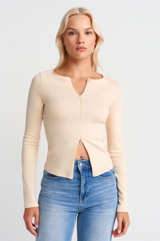 Slim Fit Bomullsmix Dragkedja Blus