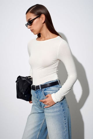 Women’s Ribbed Boat Neck Long-Sleeve Blouse