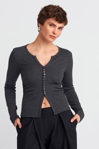Slim Fit Ribbed Button-Front Blouse