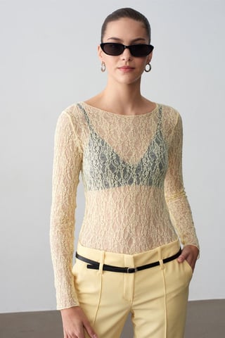 Slim Fit Lace Boat Neck Blouse