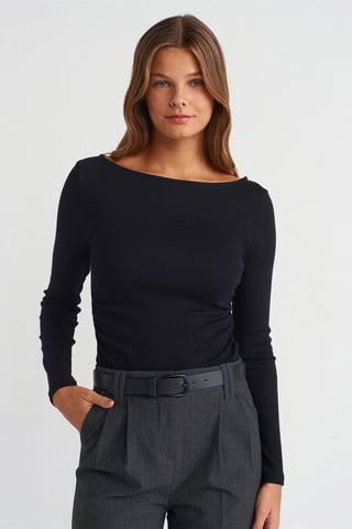 Slim Fit Ribbed Boat Neck Blouse
