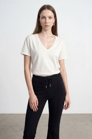 Cotton Tencel V-Neck Short-Sleeve Blouse