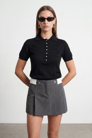 Slim Fit Polokragad Stickad Blus