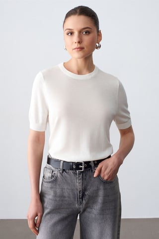 Ribbad Crew Neck Kortärmad Blus