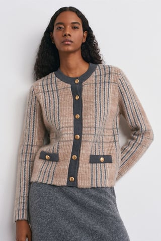 Plaid Jacquard Crew Neck Cardigan