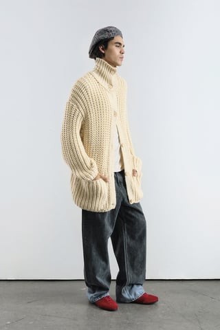 Oversized Ribbed Turtleneck Sweater with Button Closure