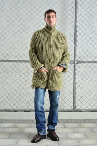 Oversized Ribbed Knitwear Cardigan with Half Turtleneck