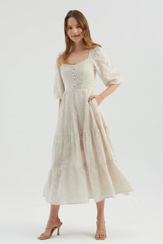 Geborduurd Sweetheart Hals Tiered Maxi Jurk met Pofmouwen
