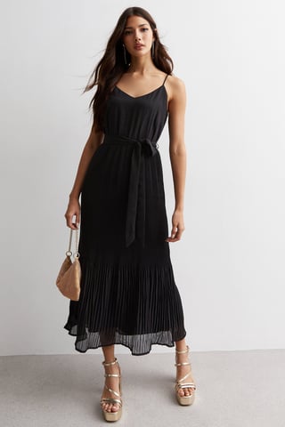 Zwarte Cami Top Geplooide Midi Jurk
