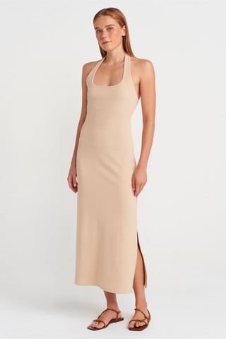 Ribbed Halter Midi Dress With Slit
