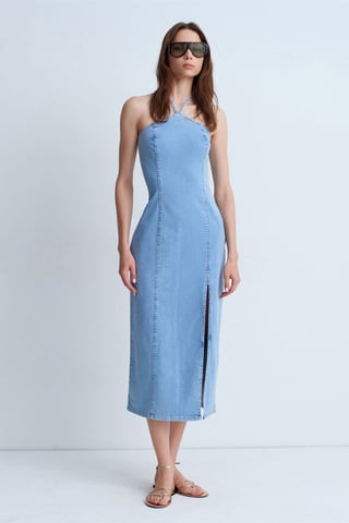 Halter Neck Midi Denim Dress
