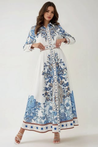Printed Long Sleeve Maxi Dress with Belt