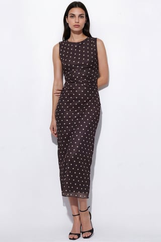 Polka Dot Midi Tulle Dress with Crew Neck