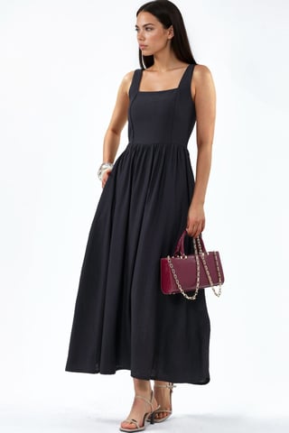 Solid Midi Dress with Square Collar