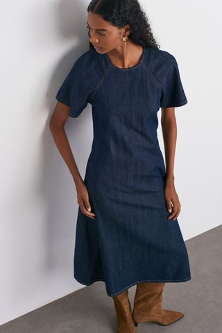 Cotton Denim Midi A-line Dress