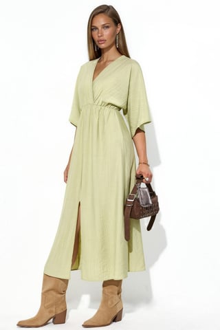 V-Neck Midi Wrap Dress with Three Quarter Sleeves