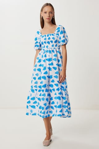 Frilly Abstract Print A-Line Midi Dress with Square Collar