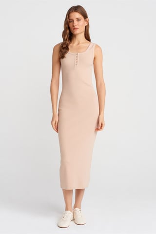 Ribbed Midi Bodycon Dress With Buttons