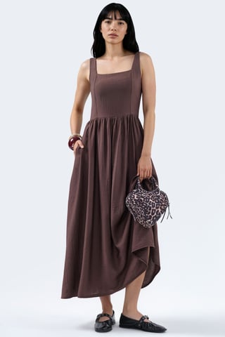 Solid Midi Dress with Square Collar