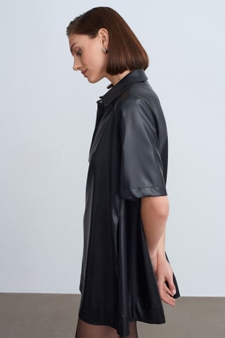 Loose Fit Faux Leather Mini Shirt Dress