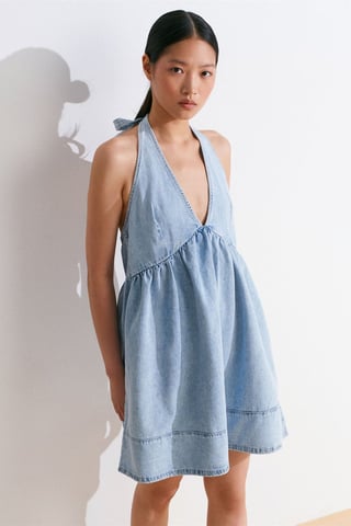 Mini Bomull Denim Halterneck Klänning
