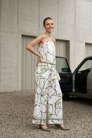 Abstract Satin Strapless Blouse and Wide-Leg Pants Set