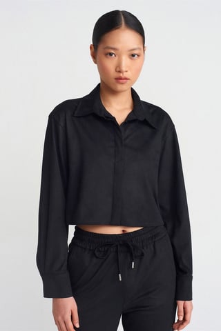 Women's Cropped Faux Suede Button Shirt