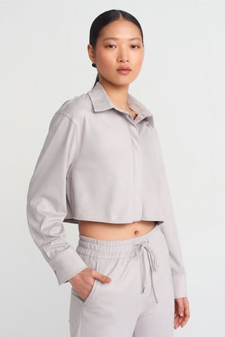 Women's Cropped Faux Suede Button Shirt