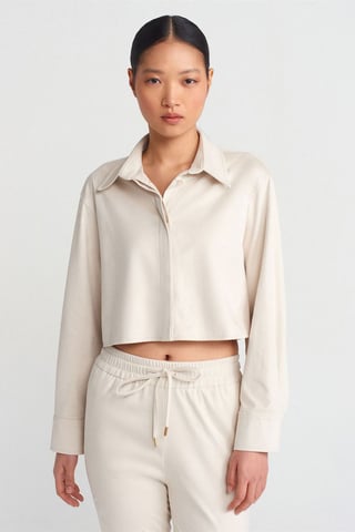 Women's Cropped Faux Suede Button Shirt