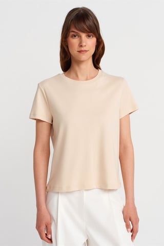 Dam T-shirt i bomull med ribbat rundhalsade