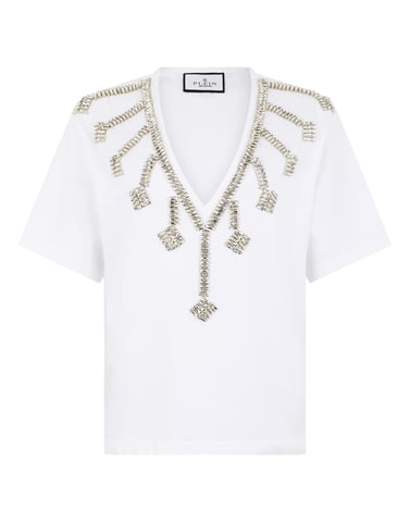 V-Neck T-Shirt Crystal Fringes Crystal