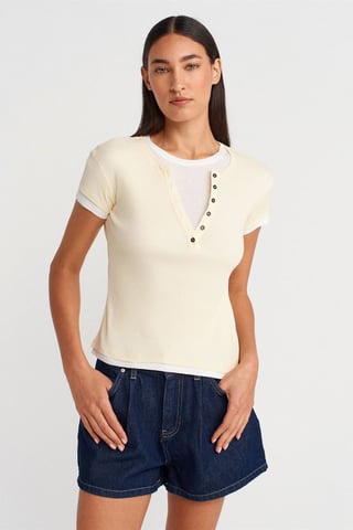 Women’s Cotton V-Neck Button T-Shirt