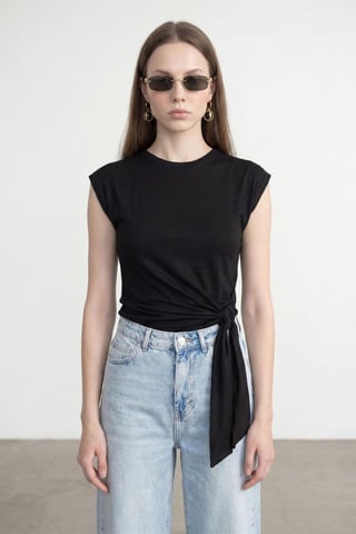 Women's Sleeveless Cotton Crew Neck T-Shirt with Tie Detail