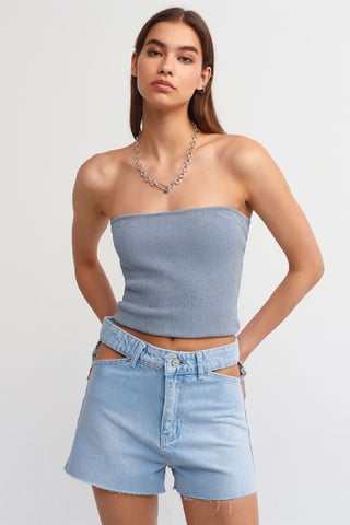 High-Waist Cotton Denim Mom Shorts With Cut-Out Detail