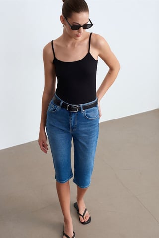 High-Waist Denim Capri Shorts