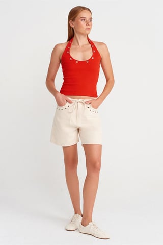 Dams bomullsjeansshorts med dragsko i midjan