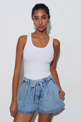 High-Waist Wide-Leg Cotton Denim Shorts
