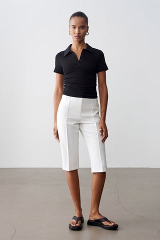 High-waist Straight Capri Shorts With Slit