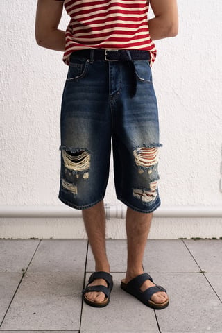 Destroyed Denim Wide Leg Midi Shorts