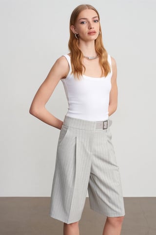 High-Waist Striped Tailored Shorts With Belt