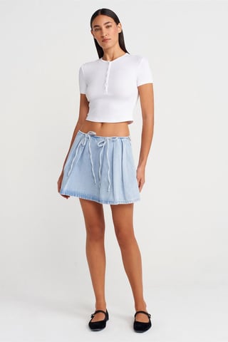 Cotton Denim Mini A-Line Skirt With Bow Detail