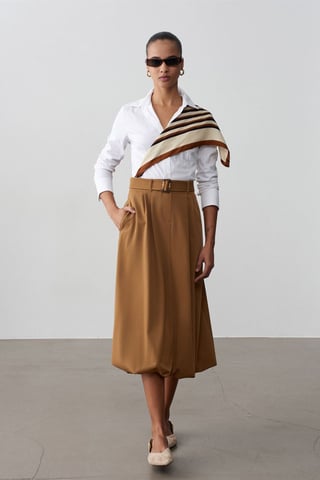 High-waist Belted Midi Balloon Skirt