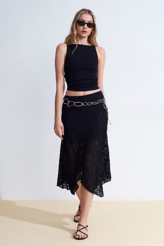 High-Waist Lace A-Line Midi Skirt
