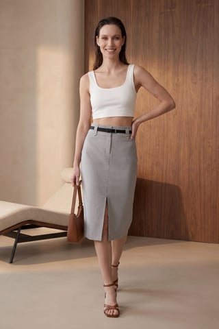 High-Waist Midi Pencil Skirt with Slit