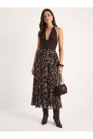 Ethnic Print Chiffon Blouse and Midi Skirt Set