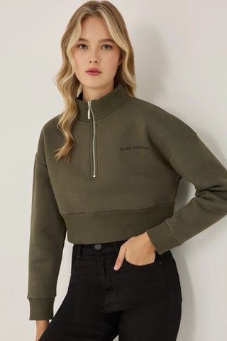 Dragkedja Krage Crop Slogan Sweatshirt