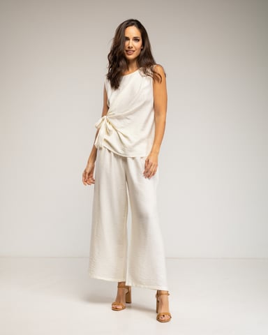 Sleeveless top set with bow and elastic waist pants 