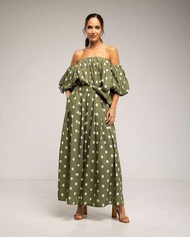 Polka dot pants and top set, elastic boat neck top and wide-leg pants with pockets