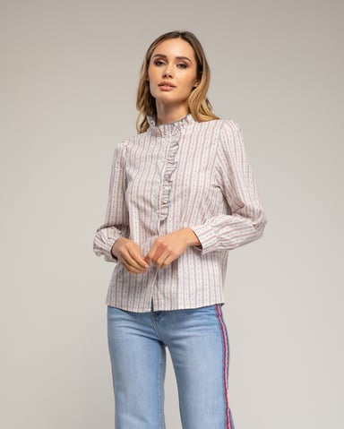 High-neck blouse with ruffles and slit, striped print