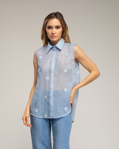 Semi-transparent sleeveless shirt with embroidered flowers